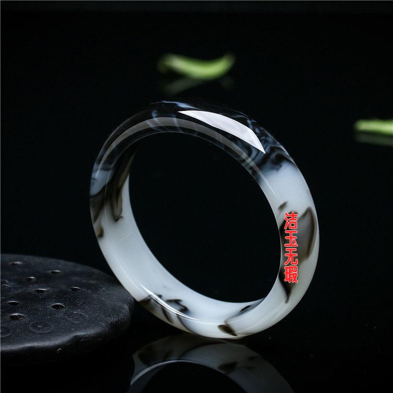 纯和田玉色青花手镯女玉石飘花玉手镯女款妈妈镯