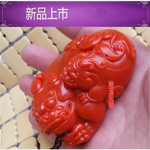 南红玛瑙貔貅手把件精雕柿子红母子貔貅手玩件神兽玉手件