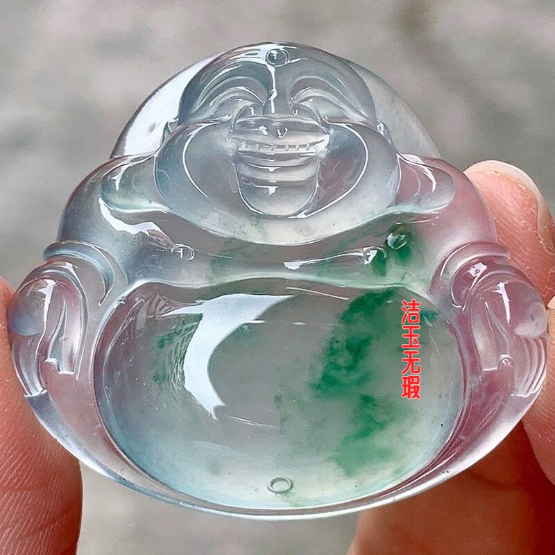 玻璃种蓝花大佛公吊坠翡翠色玉石水润细腻弥勒佛送礼生日