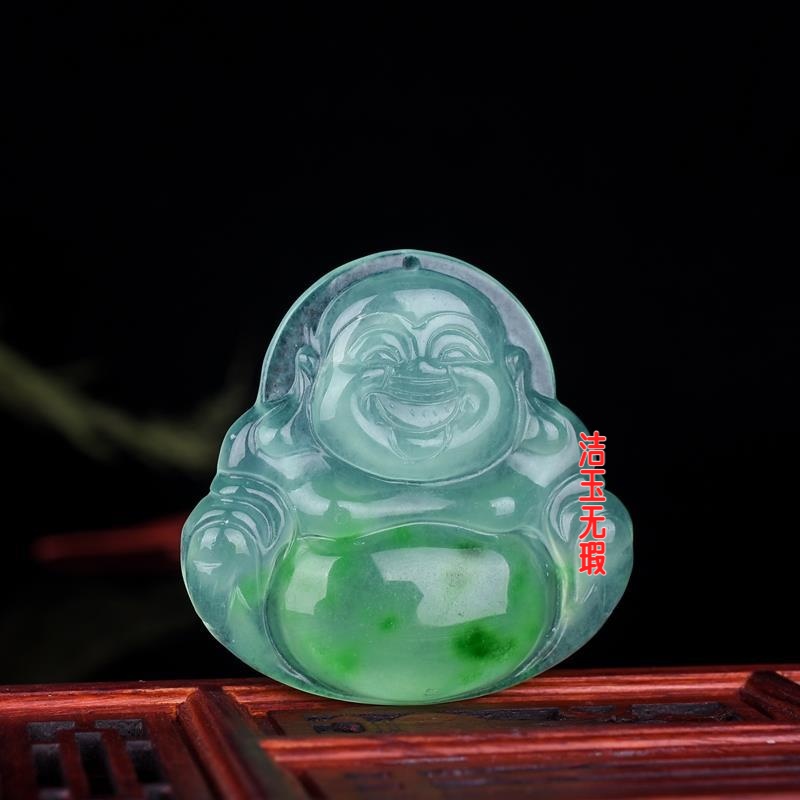 翠色玉石冰种观音吊坠弥勒佛大肚佛笑佛玉坠飘花阳绿男女款项坠链