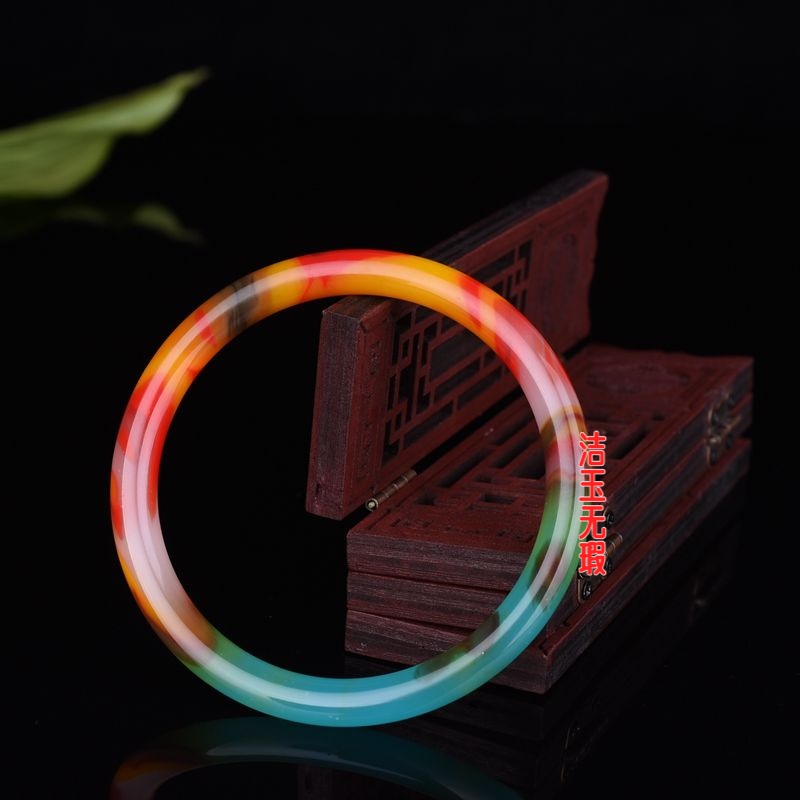 和田玉色丝玉鸡血飘花戈壁玉石细圆条手镯子女七彩飘花玉手镯