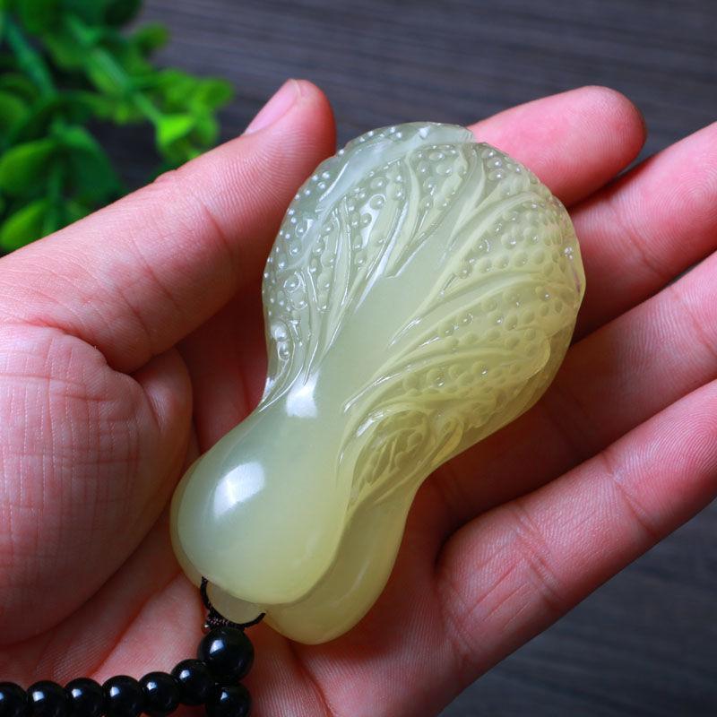 天然玉石白菜手把件冰种青白玉百财把玩件微猫眼招财纳福手玩件