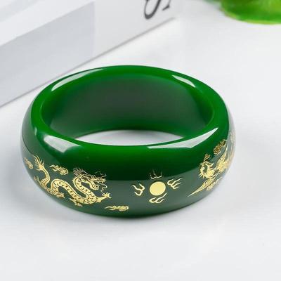 天然正品新疆和田玉手镯碧玉菠菜绿描金加宽玉石手镯女款不带证书