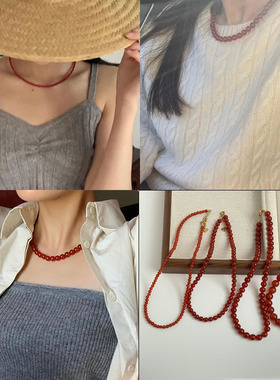 6a天然红玛瑙手工串珠项链女复古轻奢感优雅百搭颈链锁骨链