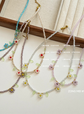 手工串珠钛钢项链清新创意花朵颈链个性度假风小皱菊编织花卉项链