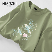 2026新款 棉致国风长袖 t恤男绿色纯棉宽松凤凰国潮大码 绿色上衣服