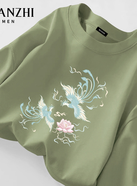 棉致国风长袖t恤男绿色纯棉宽松凤凰国潮大码2026新款绿色上衣服