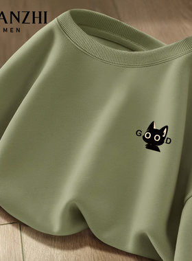 棉致GOOD猫抹茶绿色圆领卫衣男士2026春秋加绒宽松潮牌卡通上衣服