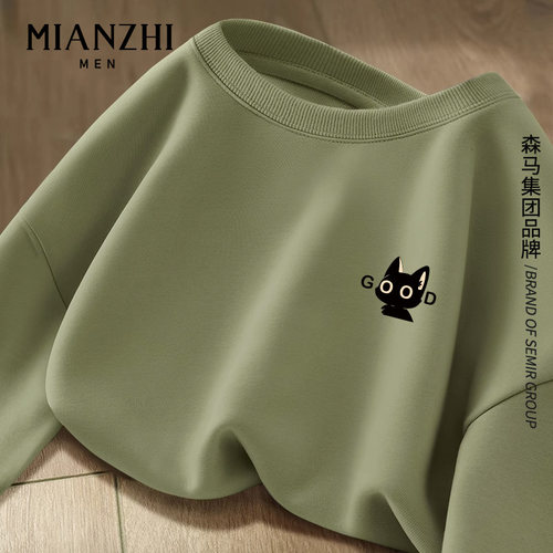 棉致GOOD猫抹茶绿色圆领卫衣男士2025秋冬加绒宽松潮牌卡通上衣服