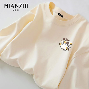 棉致钱来暴富小猫趣味纯棉长袖男款t恤秋季宽松青少年新款上衣潮