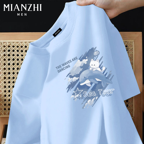 棉致卡通小猫冰蓝短袖t恤男夏季潮牌宽松半袖青少年大码纯棉上衣