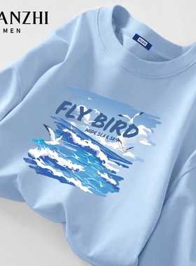 棉致小清新蓝色长袖t恤男款2025秋季新款纯棉休闲宽松重磅上衣服