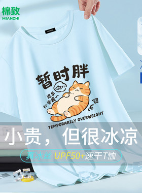棉致趣味小猫暂时胖速干短袖t恤男夏季网眼冰丝凉感宽松青少年T恤
