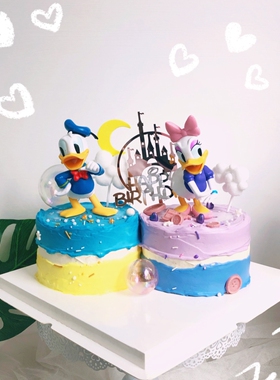 烘焙装饰摆件蓝色老鸭鸭粉色鸭鸭城堡亚克力插牌云朵生日蛋糕组合