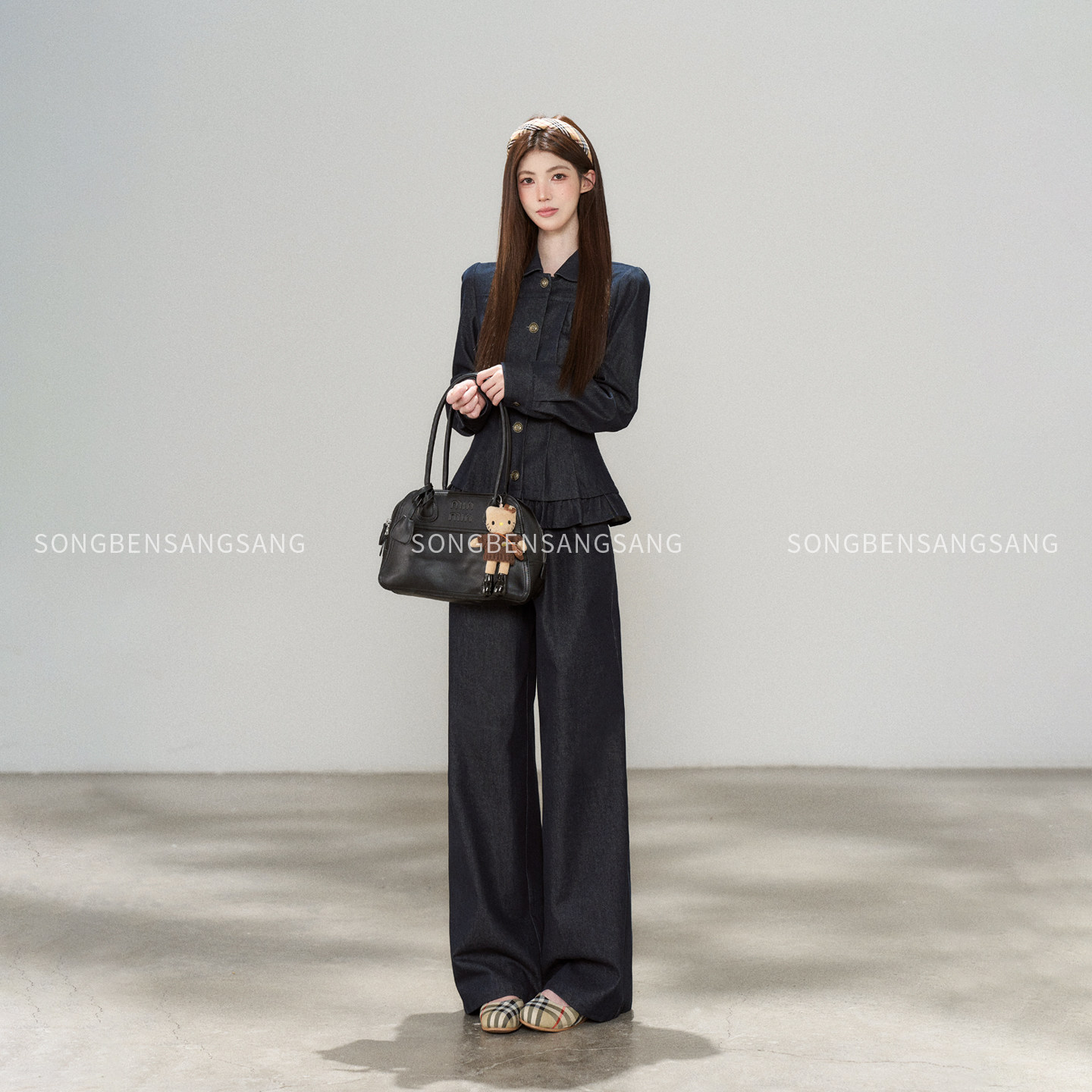 松本丧丧2026秋季新款牛仔套装女上衣显瘦减龄收腰阔腿裤两件套