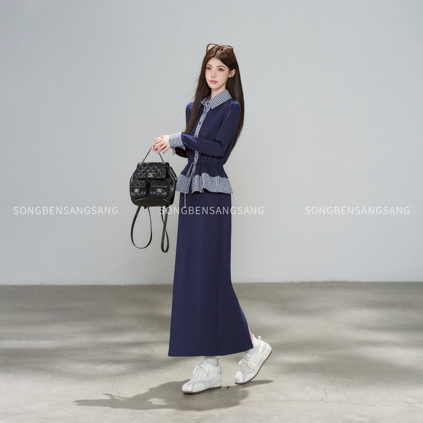 松本丧丧韩系极简风开衫半身裙两件套女秋季修身显瘦撞色套装穿搭