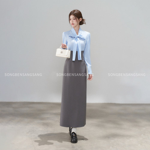 松本丧丧法式条纹蝴蝶结两件套
