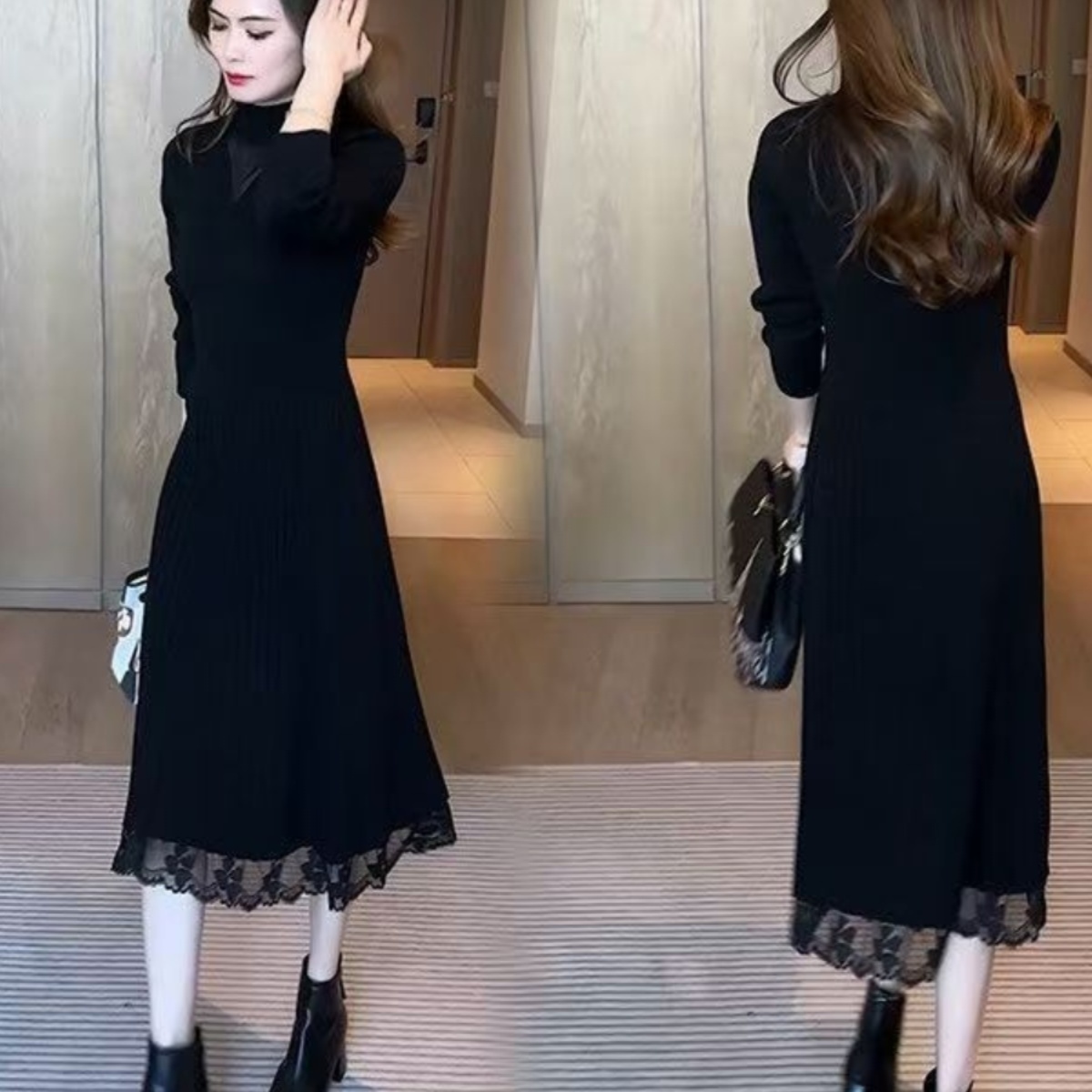 秋冬配大衣过蕾丝针织连衣裙中长款女膝修身显瘦内搭毛衣打底裙子