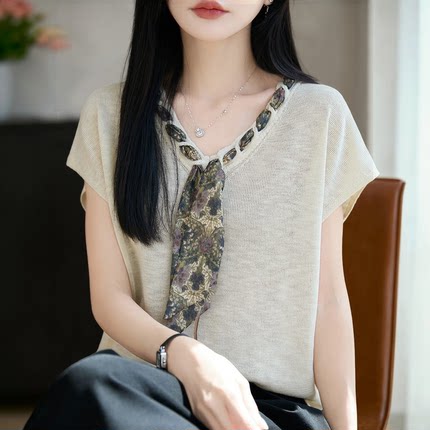 新款V领时尚镂空针织短袖t恤女夏季薄款配丝巾针织衫宽松女装上衣