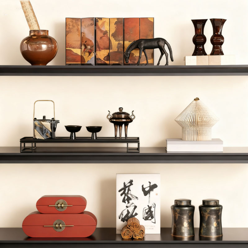 新中式宋代美学茶柜软装摆件样板间家居书房茶架屏风茶具茶罐摆设