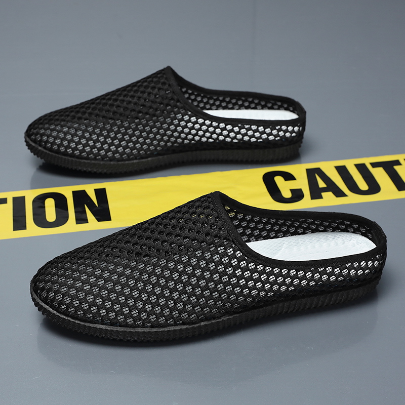 全黑色半拖懒人鞋无后跟休闲网鞋