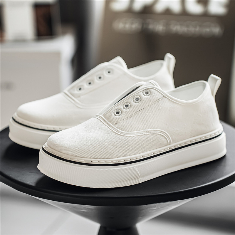 没有鞋带的鞋子懒人一脚蹬白色休闲帆布鞋不系带小白板鞋无带男鞋