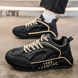 春天男版鞋yd鞋皮面包底男款运动板鞋青少年厚底男鞋黑色远动波鞋