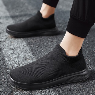 夏天一脚蹬男鞋子全黑纯黑色运动休闲网面鞋透气防臭超轻便袜子鞋