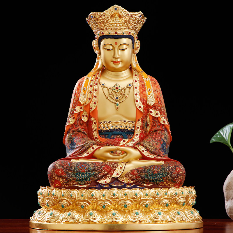 观音菩萨毗卢观音观世音铜雕手工精工彩绘贴金满工镶宝观音摆件
