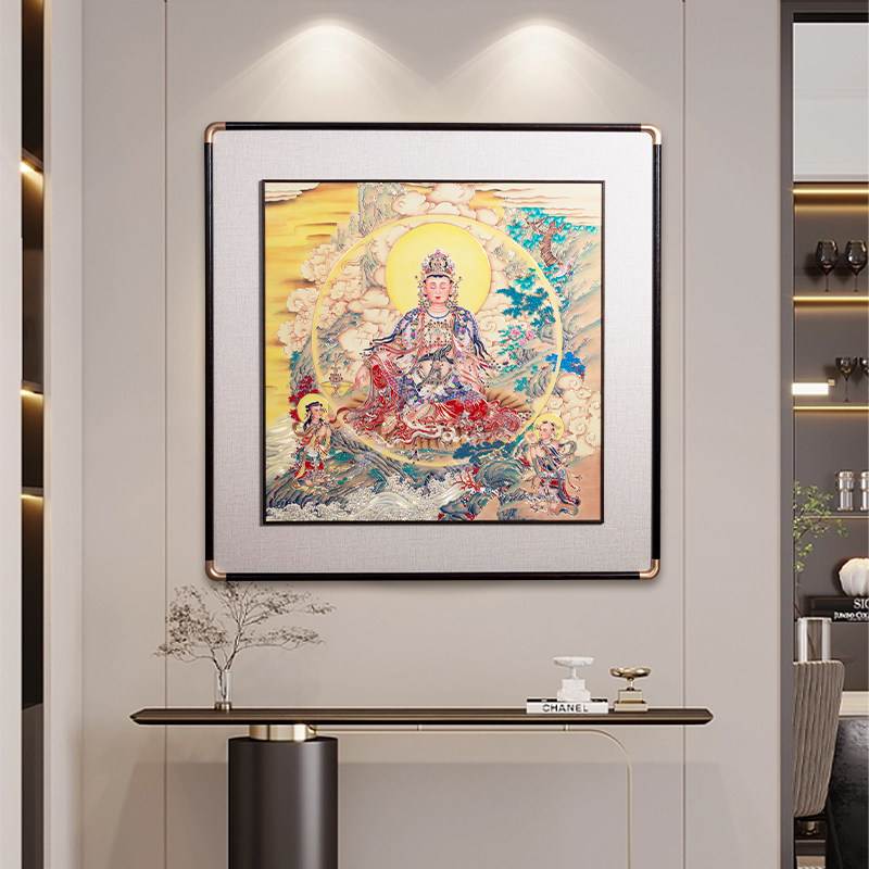 观音菩萨佛像挂画家居佛堂客厅玄关水月观音佛画手工铜板画实木框