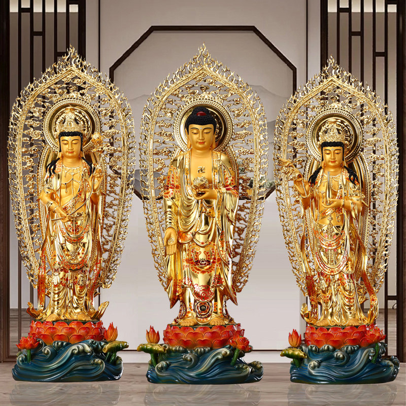 纯铜彩绘西方三圣佛像观音阿弥陀