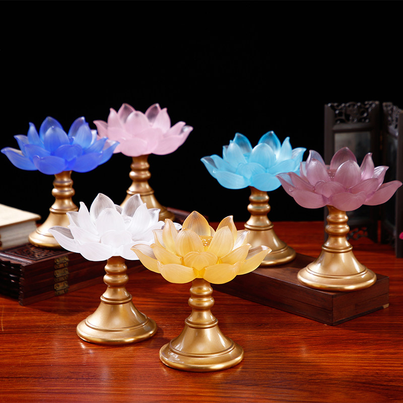 圆通佛具琉璃烛台高脚铜酥油灯座佛灯供灯佛堂客厅供佛七彩莲花灯