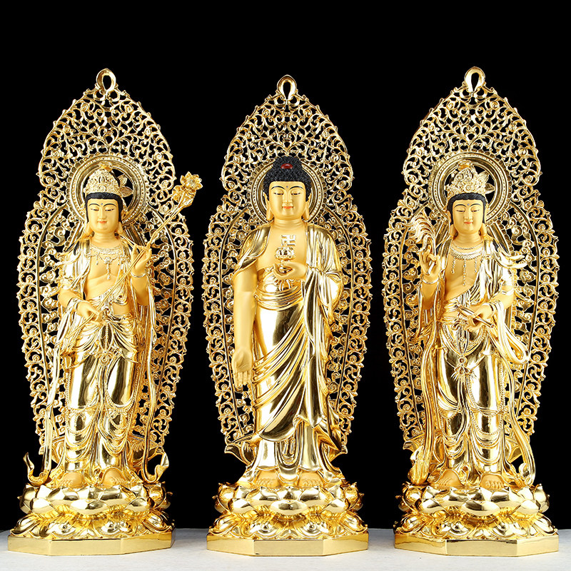 纯铜台湾贴金工艺西方三圣佛像站像阿弥陀佛观音菩萨摆件大势至像