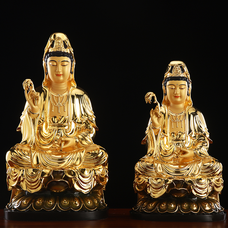 台湾纯铜观音菩萨家用供奉观音佛像坐莲纳米鎏金观世音客厅摆件