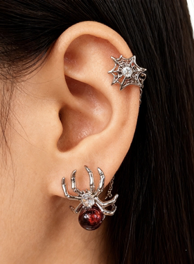 新款潮耳环原创小众设计感酷红蜘蛛耳环耳骨夹一体高级感