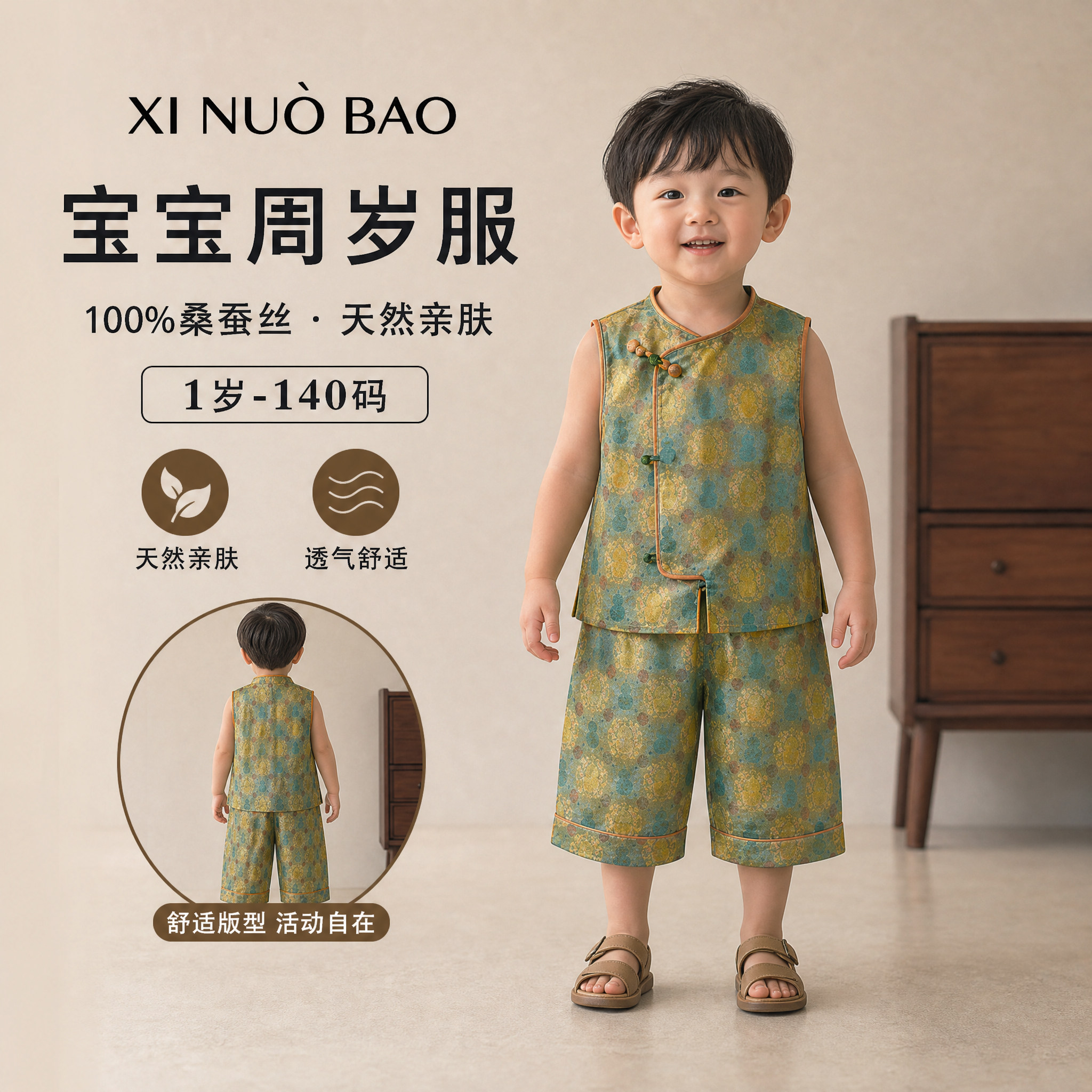 玺诺宝周岁男女宝礼服夏季桑蚕丝蜀锦国风满月百天生日抓周宴马甲