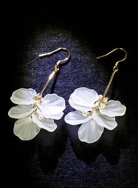 925银长款花瓣耳环耳坠无耳洞耳夹女韩版气质个性耳饰