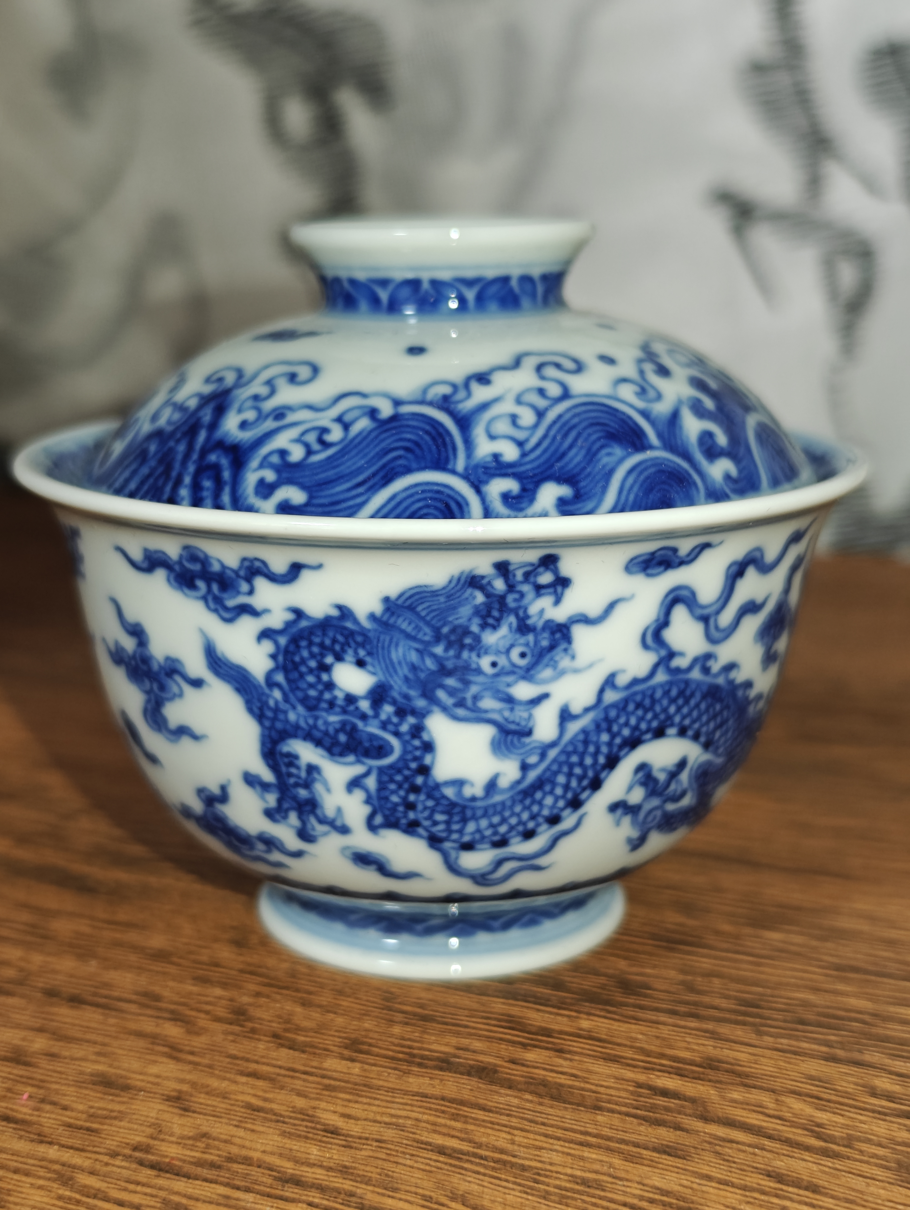 望月怀古青花双龙元宝盖碗纯手工景德镇陶瓷茶器主人杯