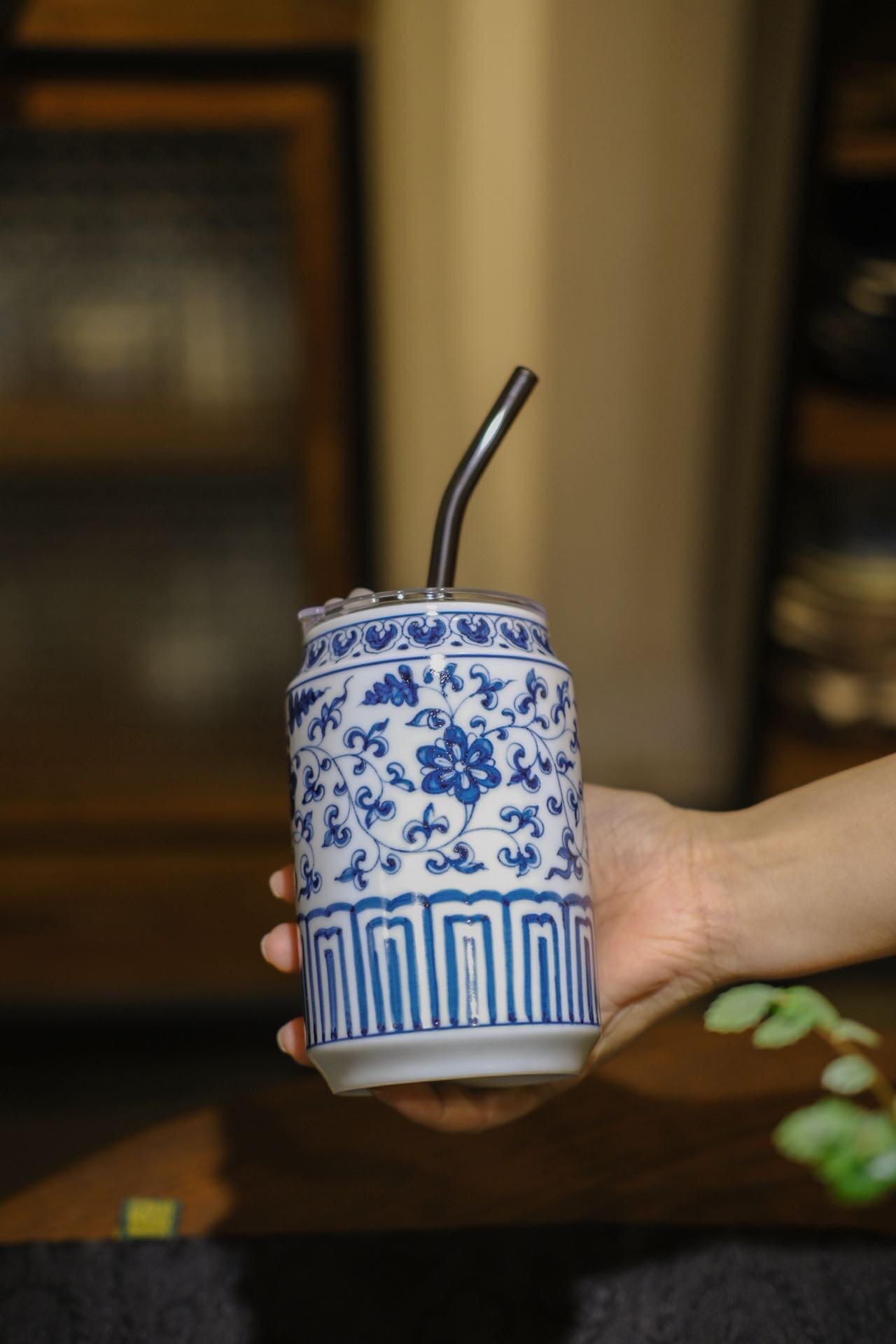 念物山坊念物集青花缠枝莲吸管杯可乐杯500cc手工手绘送4吸管