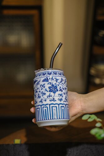 念物山坊念物集青花缠枝莲吸管杯可乐杯500cc手工手绘送4吸管