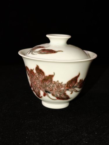 正萌柴窑釉里红霸王菊岩茶盖碗110cc纯手工手绘窑宝发色薄胎