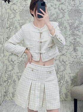 25早秋新款南油高定Cha简约休闲复古中式盘扣短款外套百褶半裙套