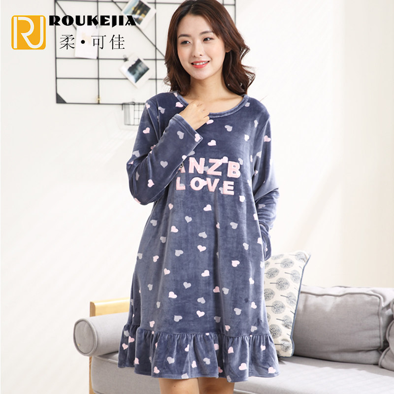 柔可佳睡裙秋天连体睡衣女春秋款珊瑚绒长袖中裙连衣裙女装家居服