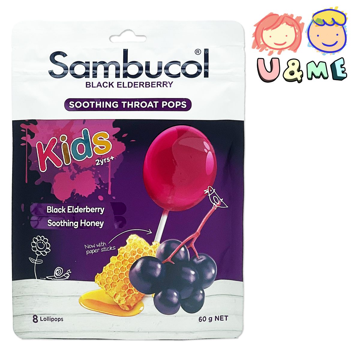Sambucol儿童黑接骨木棒棒糖8支装60g宝宝2岁+零食糖果清甜无添加