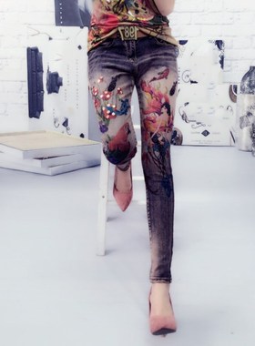 欧洲站2023秋冬新品时尚重工珠片小花牛仔裤印花美女牛仔长裤女潮