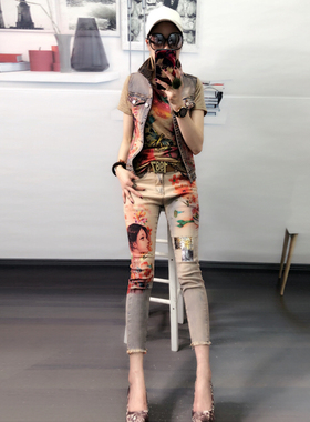 2021欧洲站春夏时尚新款洋气重工印花烫金牛仔九分毛边裤小脚裤女