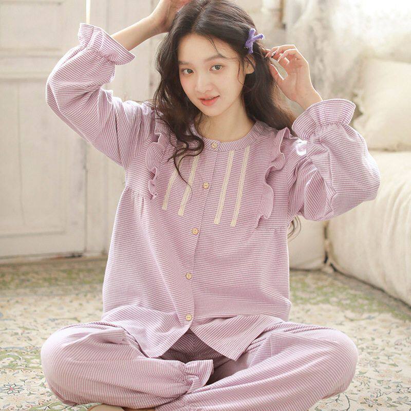 女款纯棉磨毛格子睡衣春秋新款开衫圆领两件套室内衣服开衫家居服