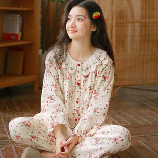 女款长袖长裤家居服全棉三层纱布开衫睡衣收口袖碎花室内套装春秋