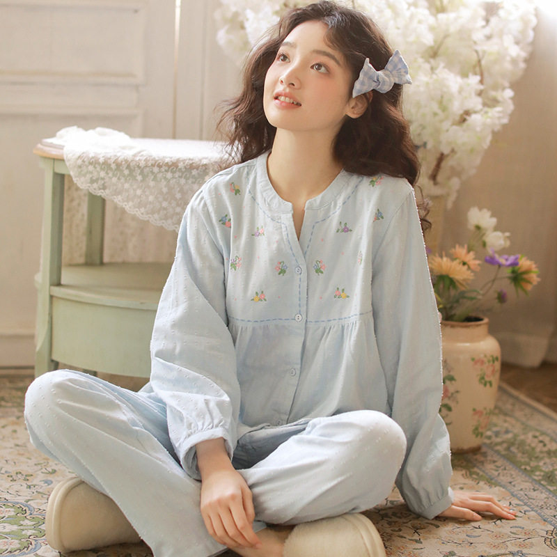 女款长袖薄款睡衣春夏纯棉纱布家居服双层纱青年学生室内套装女孩