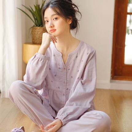 女款纯棉纱布长袖家居服薄款睡衣青年双层纱室内套装开衫紫色衣服